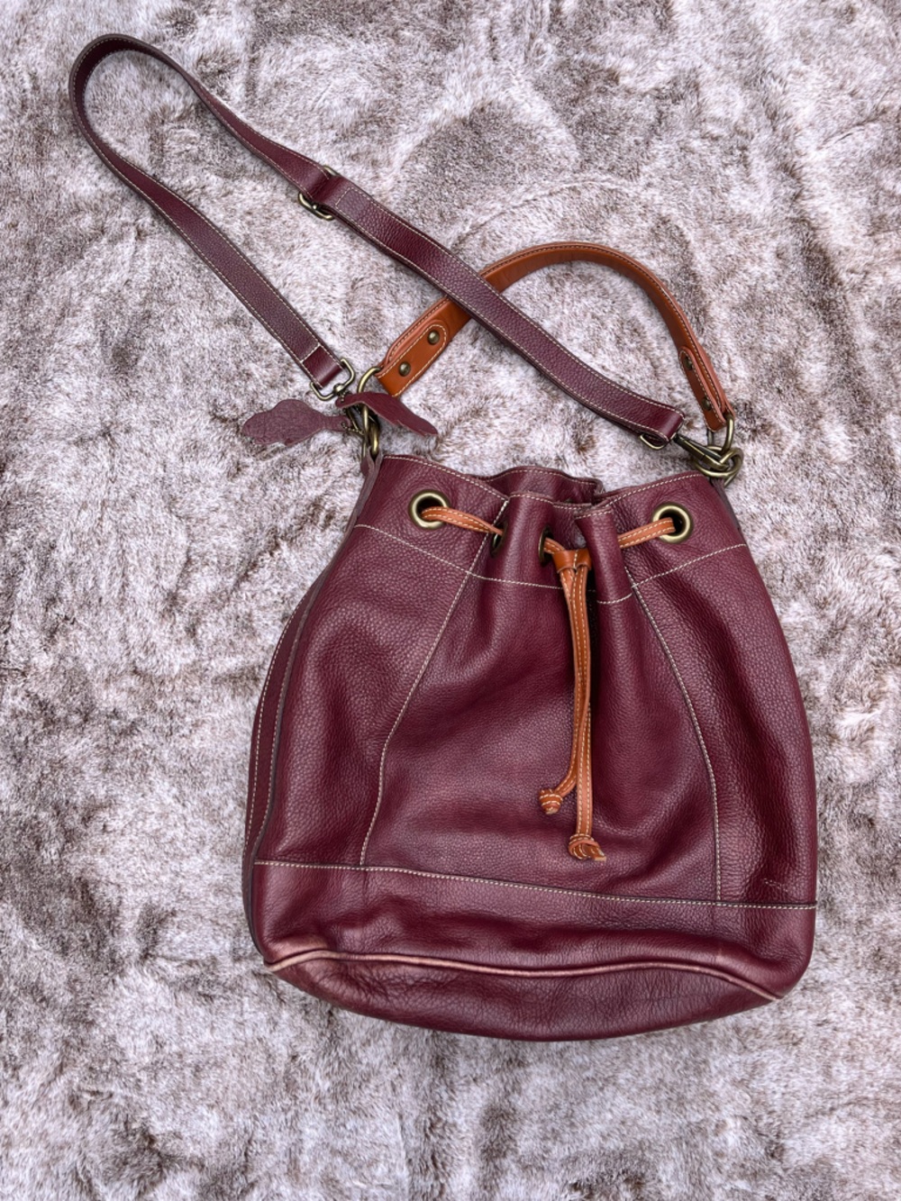 Roots Merlot Real Leather Drawstring Bucket Bag